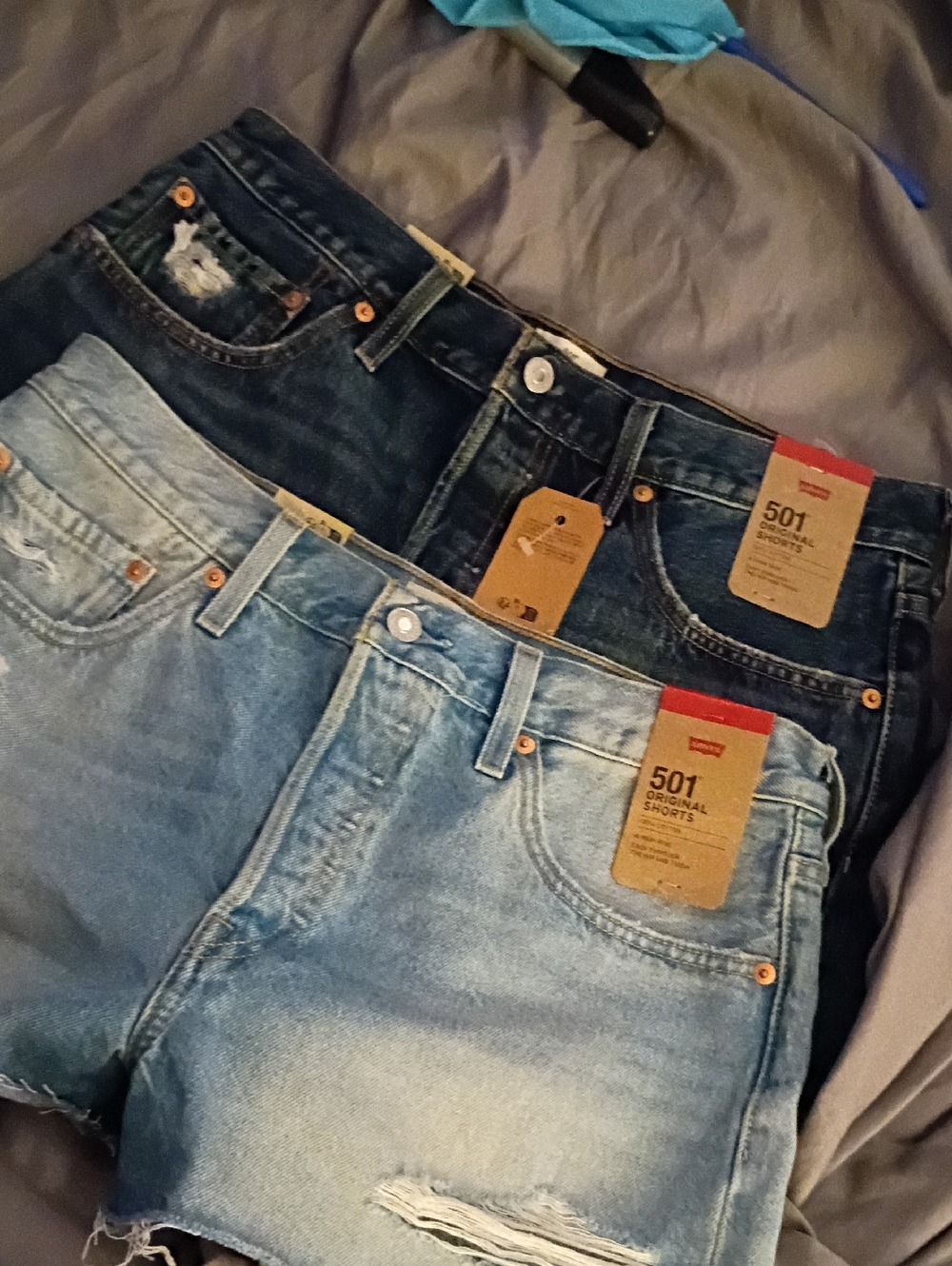 Levi's High-Rise 501 Denim Shorts in Light Blue and Dark Blue